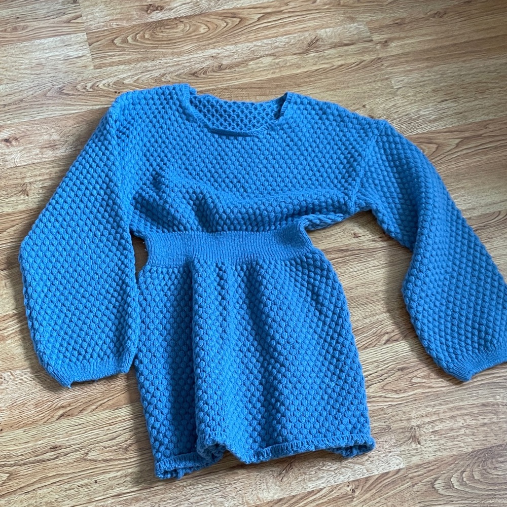 Blue Textured Bubble Knit Top Small Puff Sleeve Peplum Waist Trendy Sweater